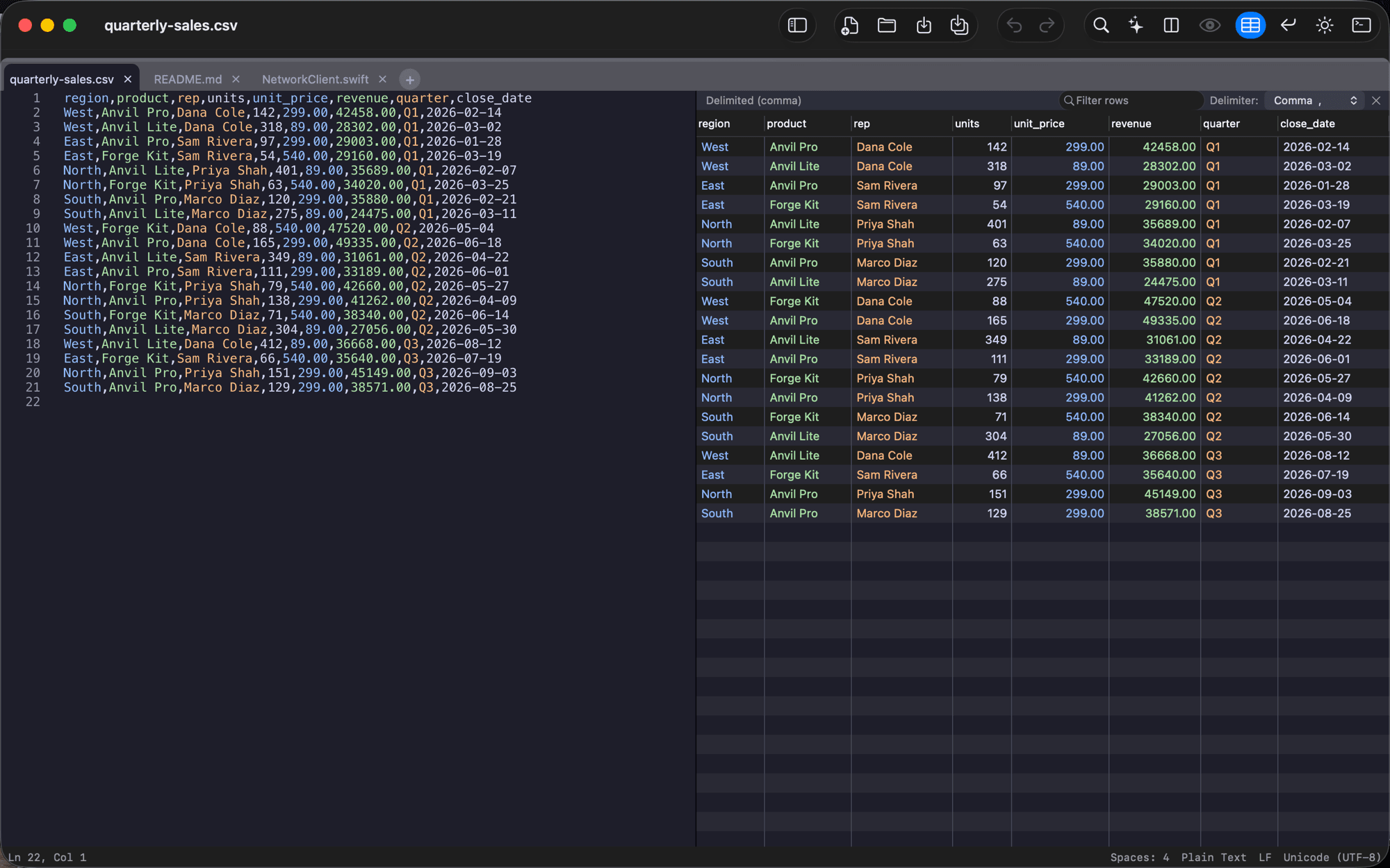 Incise showing a CSV file as source text next to a live, color-coded table