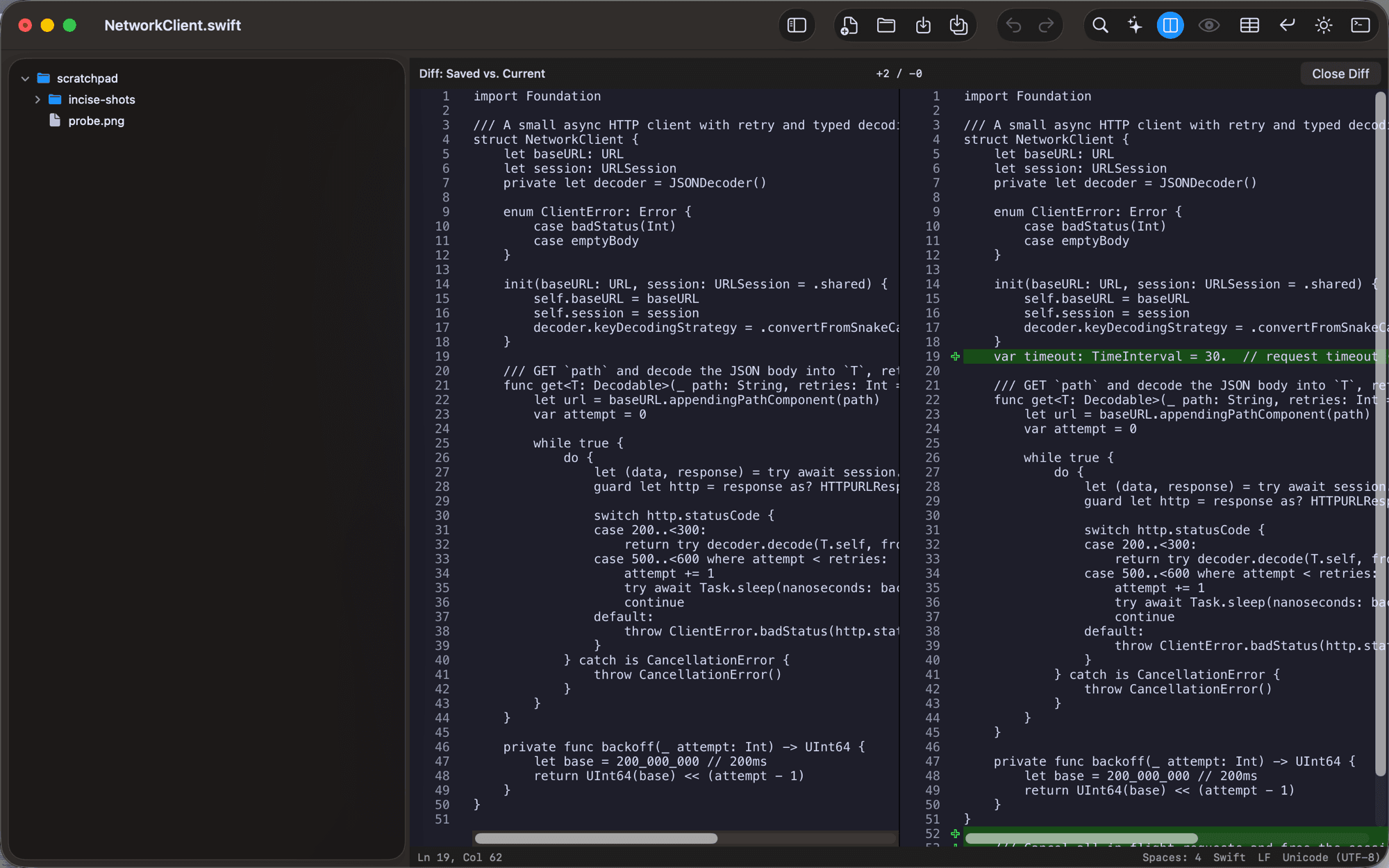 Incise showing a side-by-side diff of unsaved edits against the file on disk