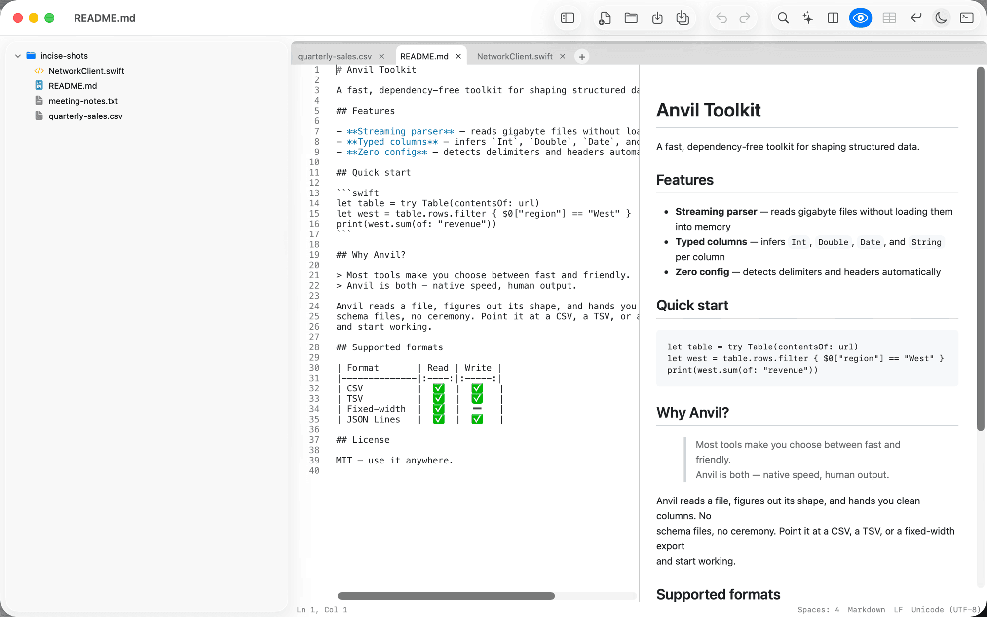 Incise showing Markdown source next to a rendered preview in light theme