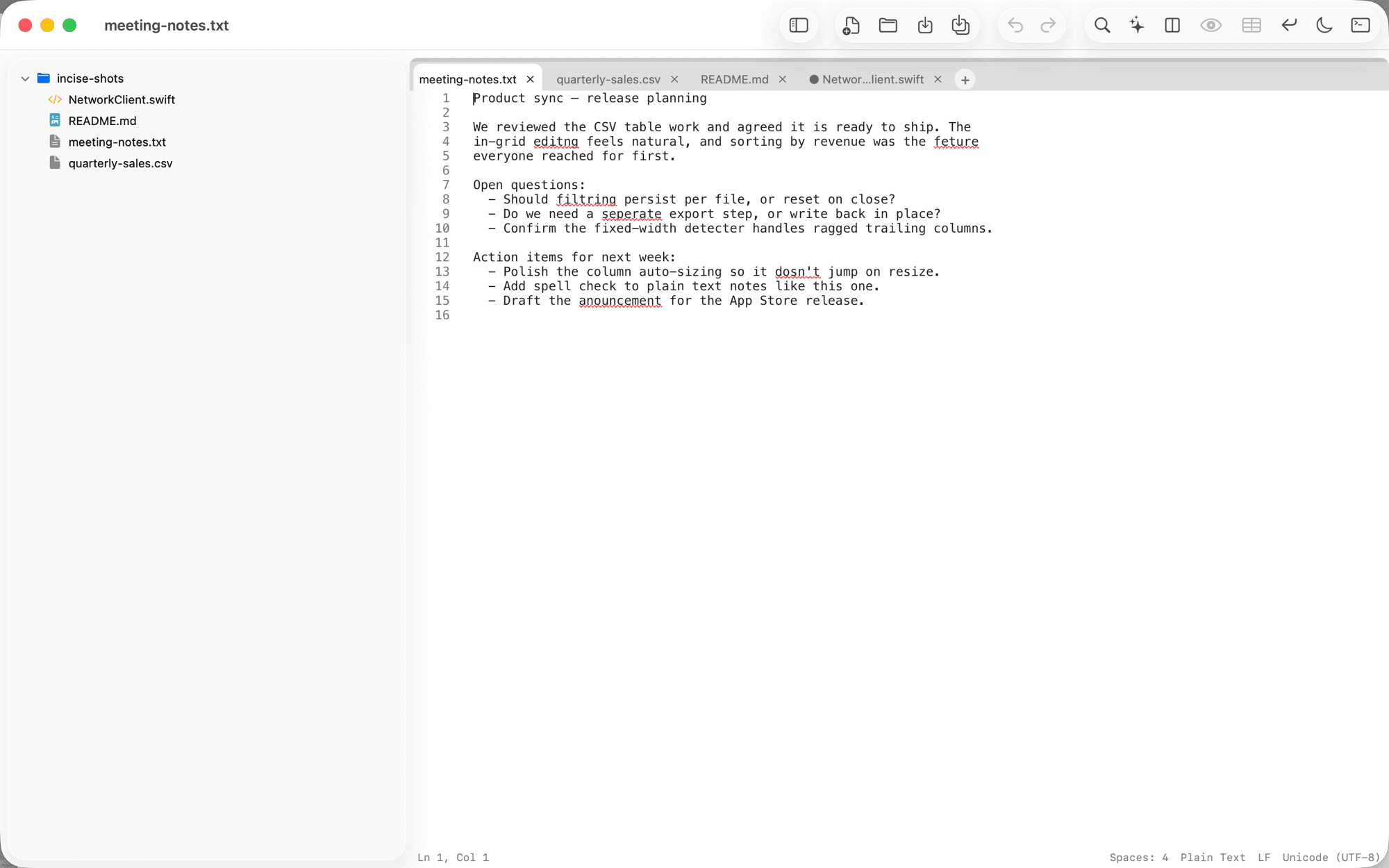 Incise underlining misspelled words in a plain-text notes file