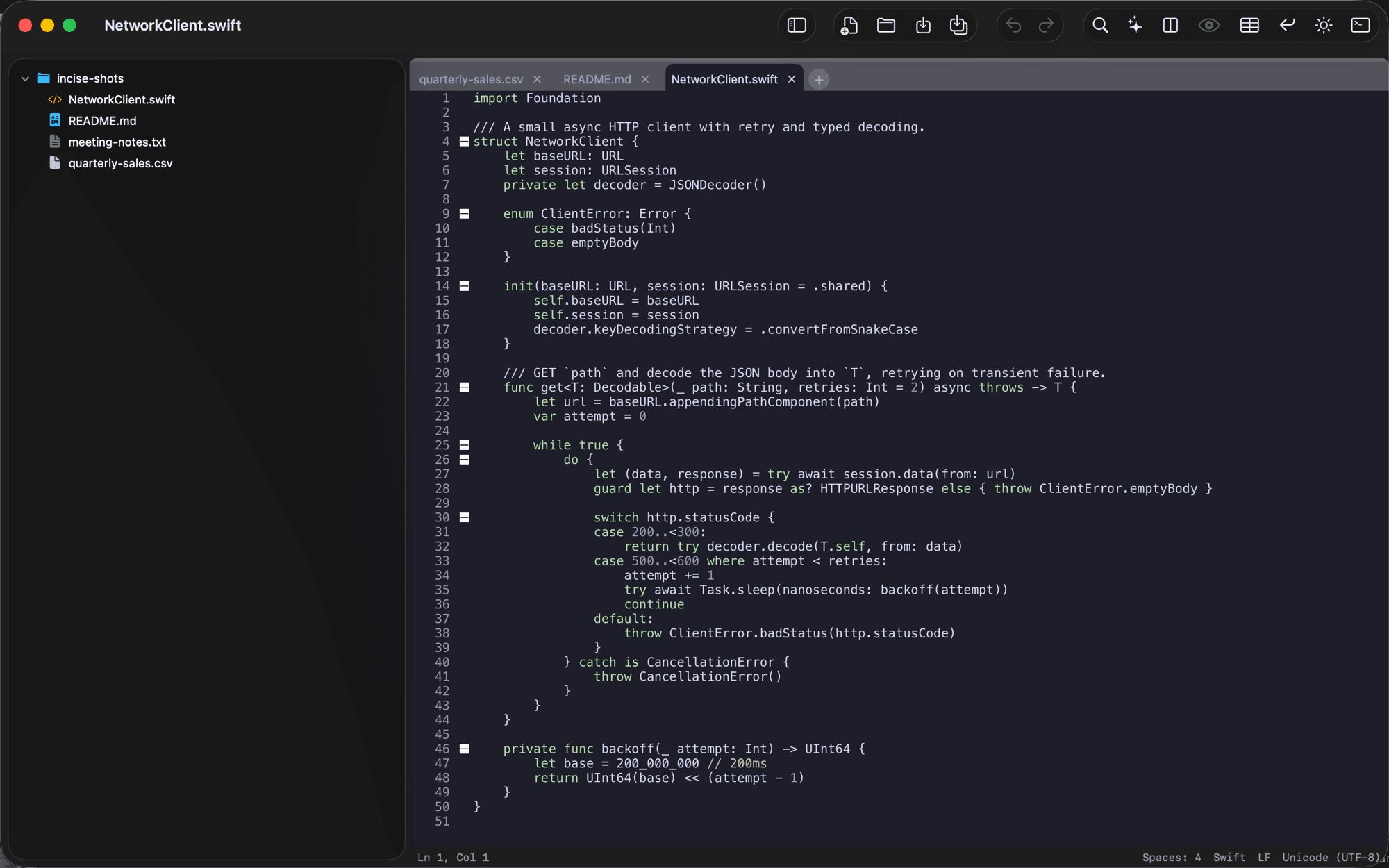 Incise editing a Swift file with syntax highlighting, code folding, and multiple tabs