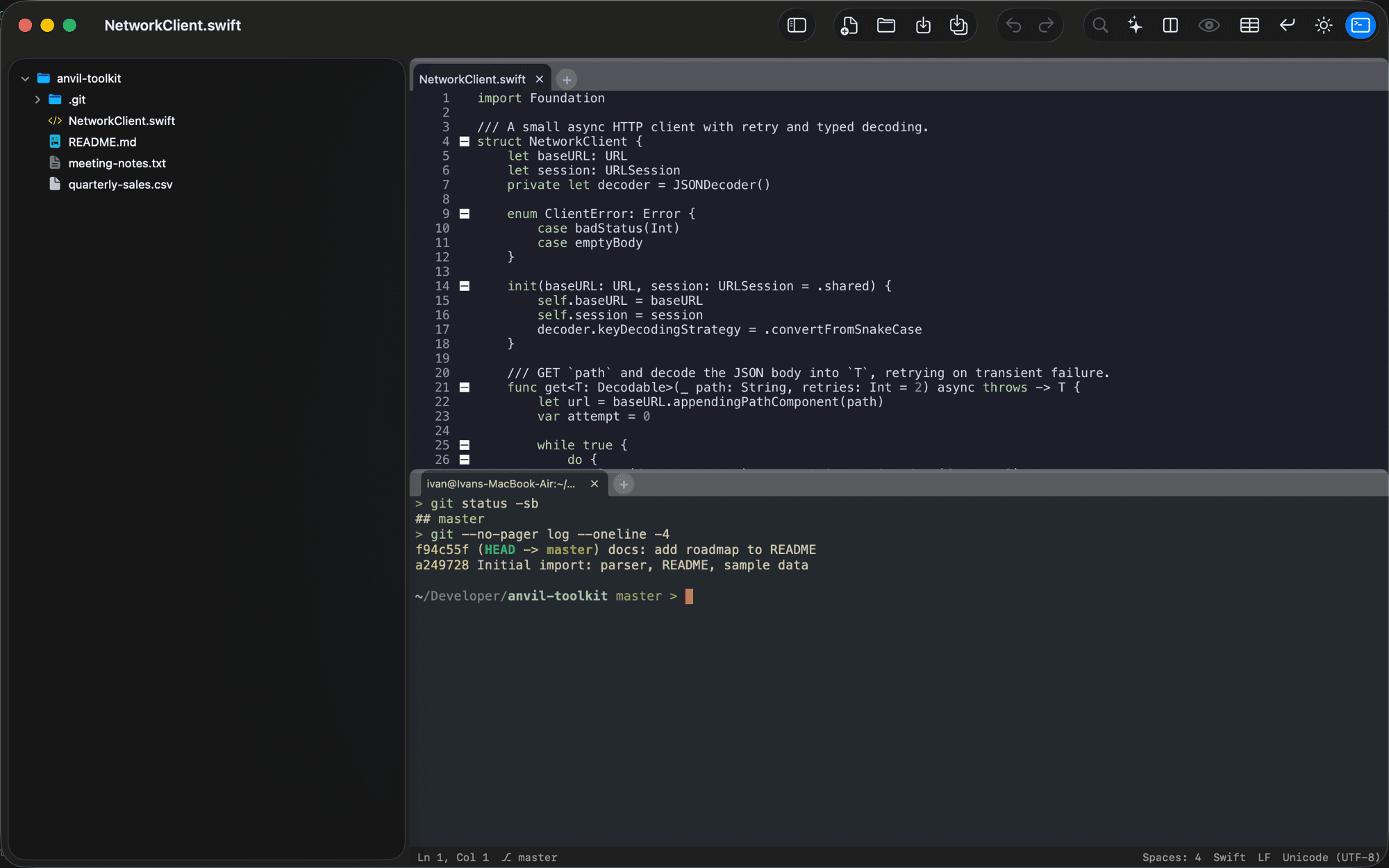 Incise with an integrated terminal docked below the editor, running git commands