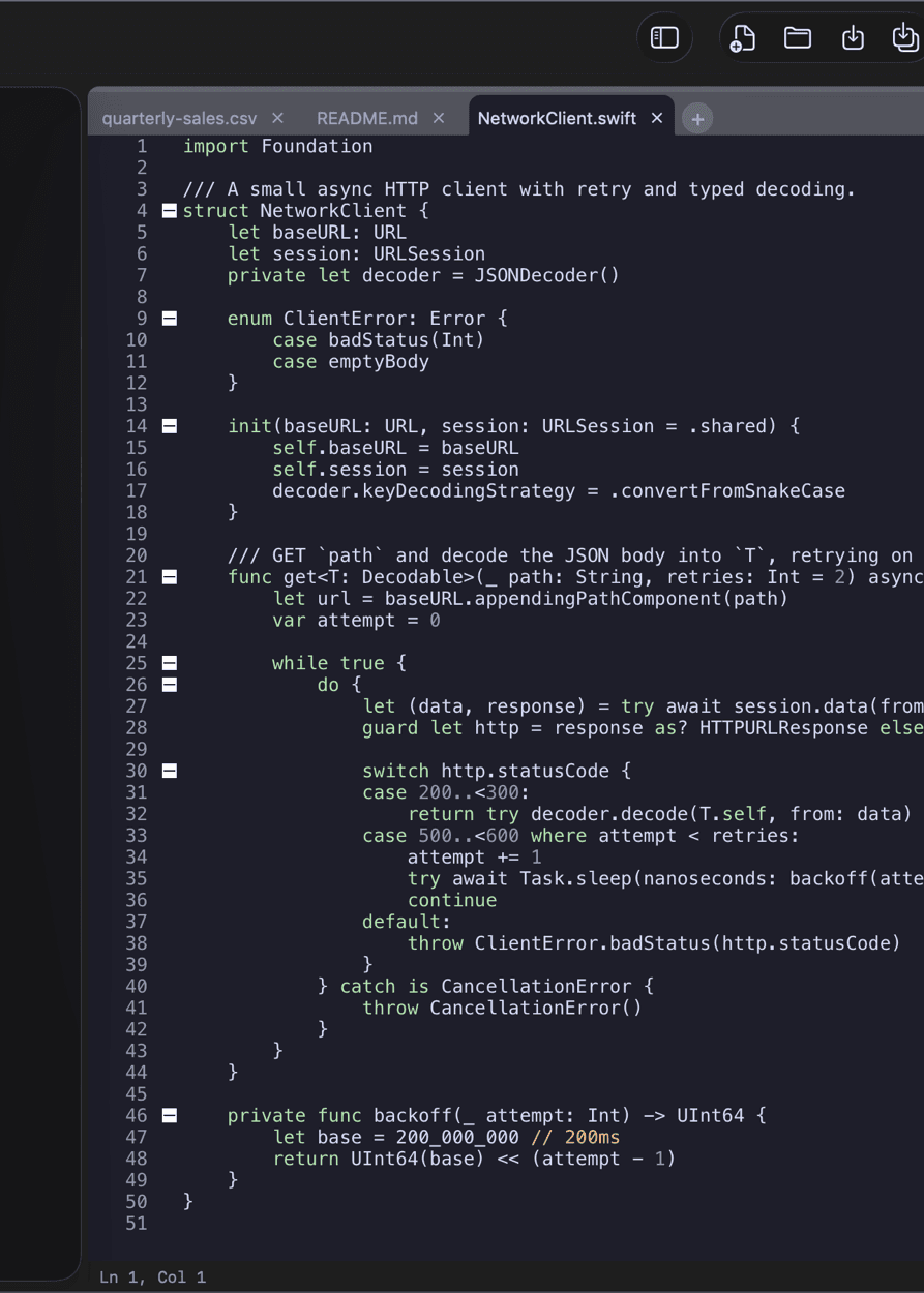 Incise editing Swift source with tabs and syntax highlighting